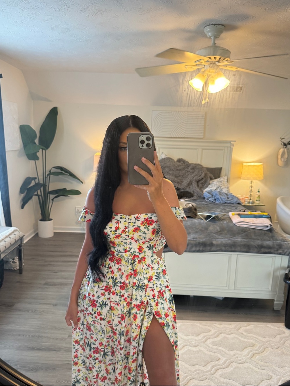 Lulu's Cream Floral Maxi Dress with Red & Yellow Flowers